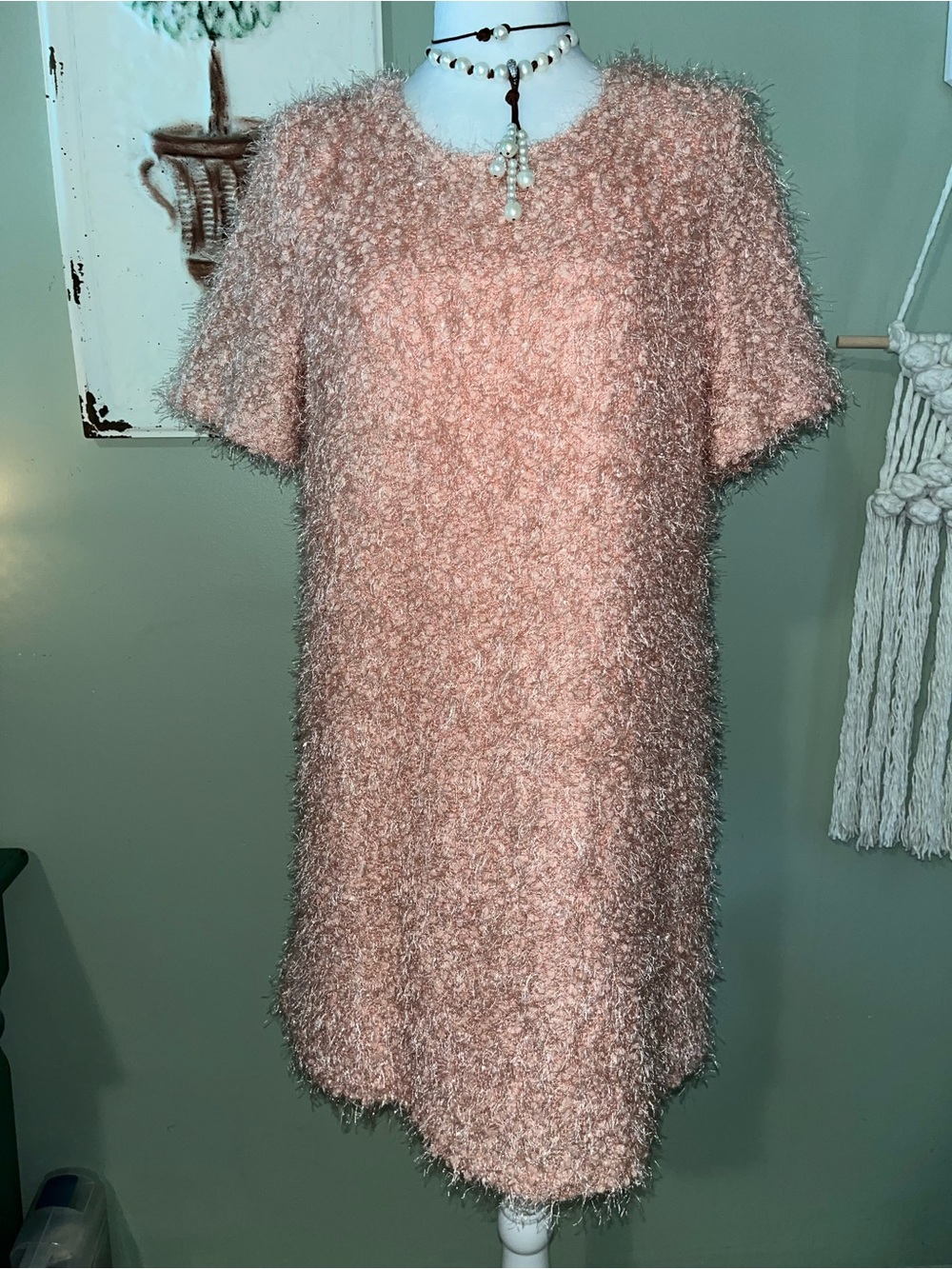 Faux-Fur Blush Pink Short Sleeve Shift Dress